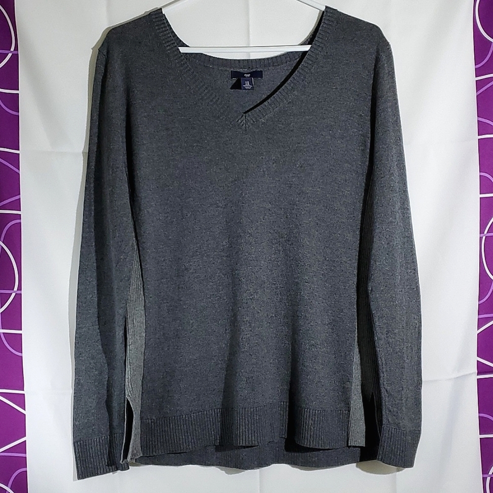 Gap Grey Knit Combo Long Sleeve V-Neck Sweater, Cotton/Rayon Mix - Size Medium